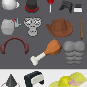 Può includere: Un assortimento di oggetti in stile cartone animato, tra cui un cappello bianco, un cappello a cilindro nero con una fascia rossa, un lecca-lecca, un berretto nero, un oggetto bianco e nero, un barile grigio, una mano con vernice colorata, una faccia di scimmia, un cappello da cowboy marrone, un ramo d'albero, una cuffia rossa, una coscia di pollo, un busto grigio, un cappello da festa nero, un oggetto bianco e nero e un cappello giallo con un fiocco rosa.