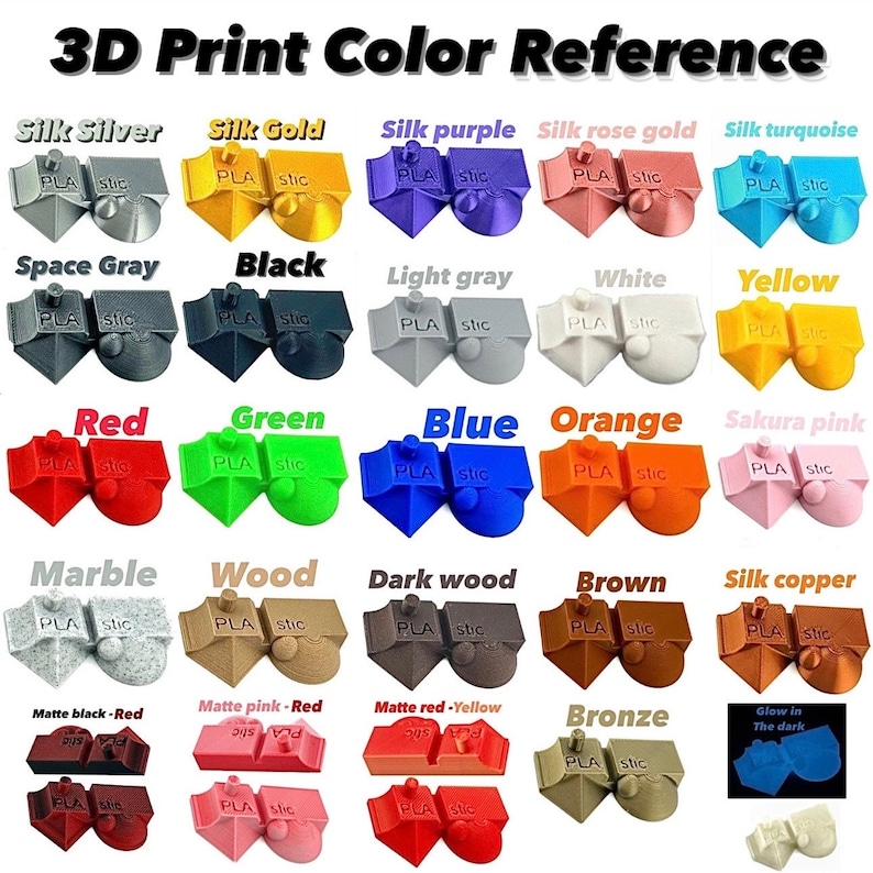 May include: A color reference chart for 3D printing, showing various filament colors and finishes. The chart includes colors like silver, gold, purple, rose gold, turquoise, space gray, black, light gray, white, yellow, red, green, blue, orange, sakura pink, marble, wood, dark wood, brown, silk copper, matte black-red, matte pink-red, matte red-yellow, bronze, and glow in the dark.