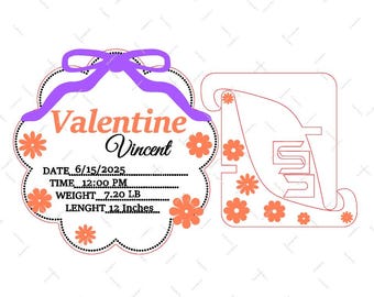 Personalized Baby Flower Birth Stats Sign SVG | Laser Cut Name Plaque with Stand & Bow | Nursery Wall Decor File - Commercial Use