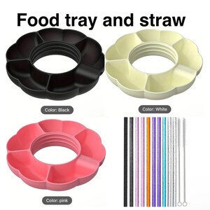 May include: A set of three flower-shaped food trays in black, white, and pink. The trays have a center ring and six sections. The set also includes a pack of colorful straws and cleaning brushes. "Food tray and straw" is written at the top of the image.