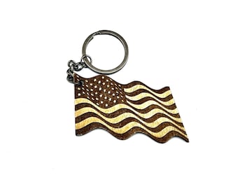 Wavy American Flag Keychain  | wood key chain | ID Key Chain | wooden customized keychain | Named Nametag