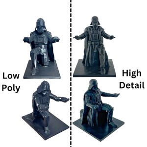 May include: Two 3D printed models of Darth Vader, one with low poly detail and the other with high detail. The models are kneeling with their arms outstretched.