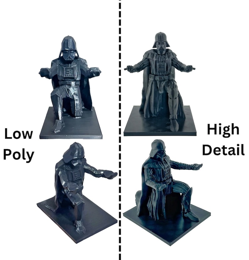 May include: Two 3D printed models of Darth Vader, one with low poly detail and the other with high detail. The models are kneeling with their arms outstretched.