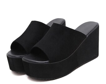 slip on black platform sandals