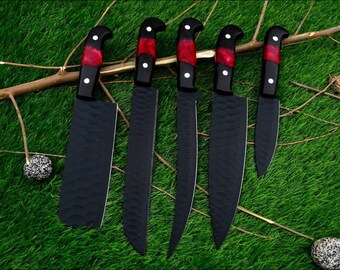 Hand Forged Damascus steel chef knife set,5 Pcs Handmade Kitchen Knives with Leather Bag,Custom Cooking Knives Gift for Him