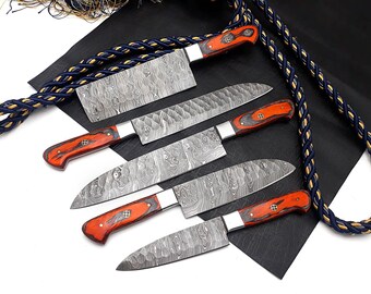 Hand Forged Damascus steel chef knife set,5 Pcs Handmade Kitchen Knives with Leather Bag,Custom Cooking Knives,wedding gift for him