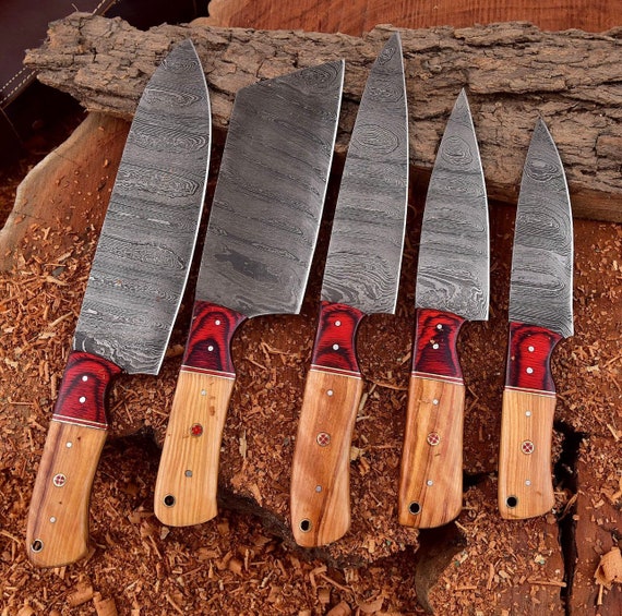 Hand Forged Damascus Chef's Knife Set of 5 BBQ Knife Kitchen Knife Gift for  Her Camping Knife Gift for Him Groomsmen Gift Christmas Gift 