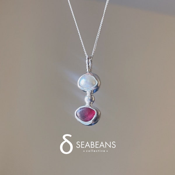 Pearl sea glass necklace, red sea glass, pearl double pendant, minimalist, sterling silver necklace, bezel pendant handmade
