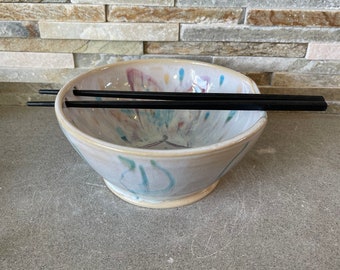 Noodle Bowl in white with reds, greens and blues