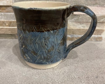 SALE - Handed Carved Mug- in blue and brown