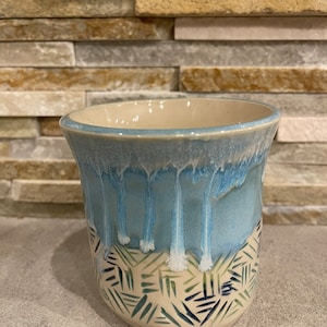 Handleless Handed Carved Mug- blues and greens