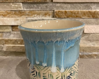 Handleless Handed Carved Mug- blues and greens