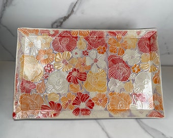 Hand Painted Poppy Platter in Red, White, Orange and Lavender