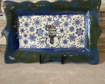 Snowman Platter - rectangular in blue