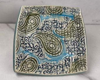 Hand Painted Paisley Trinket Dish in blue and green