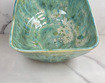 Square “Waterfall” bowl in blues, greens and beige
