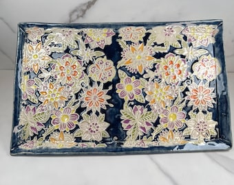 Hand Painted Floral Platter in dark blue, orange, red, yellow and purple