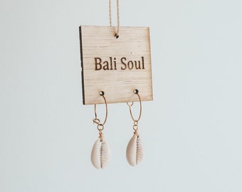 Cowrie Shell Hoop Earrings: 18k Gold Plated, Beachy Waterproof Jewelry
