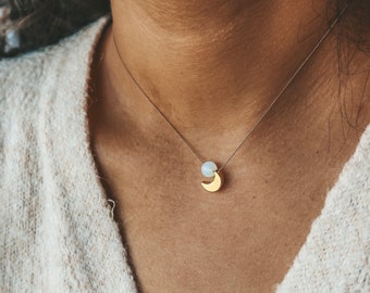 Crescent Moon Gold Silk Necklace, Floating Necklace, String Necklace, Gemstone Minimalist Necklace, Crystal Necklace, Warna Jewelry