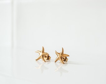 Gold Starfish Stud Earrings, 18k Plated Stainless Steel, Beach Jewelry