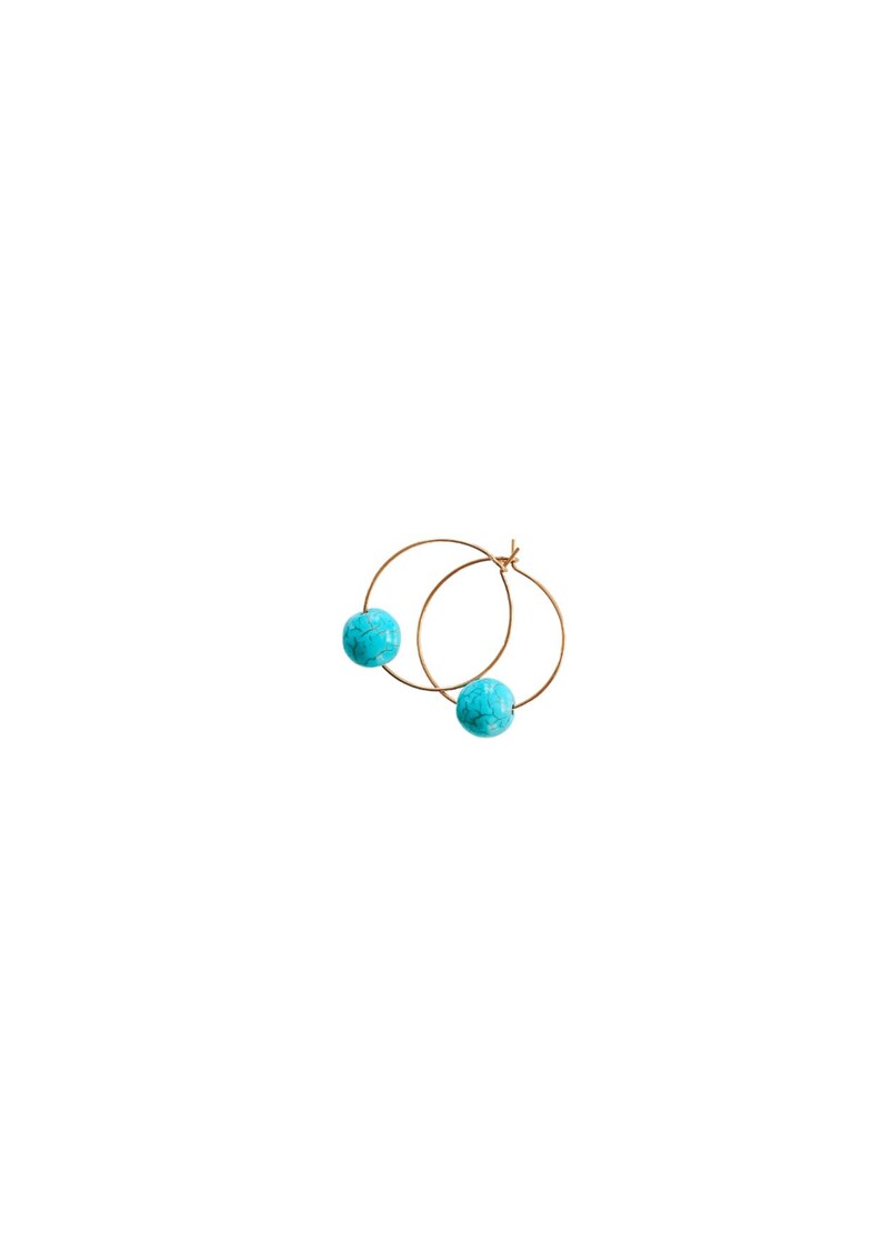 May include: A pair of gold hoop earrings, each featuring a vibrant turquoise bead. The earrings are displayed against a plain white background, highlighting their simple elegance and color contrast.