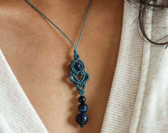 Gemstone Macrame Pendant Necklace, Dainty Bohemian Jewelry