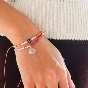 Karma Bracelet Stack, Evil Eye Beaded Bracelet, Shell Charm Bracelet, Minimalist Layered Friendship Bracelet, Boho Adjustable Bracelet Gift