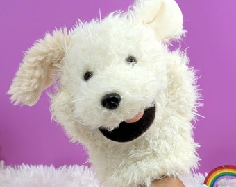 Burattino a mano per bambini, cane di peluche morbido, giocattolo morbido e peloso, simpatico burattino a forma di cane, regalo di compleanno, burattino per libri, burattino unico per bambini.