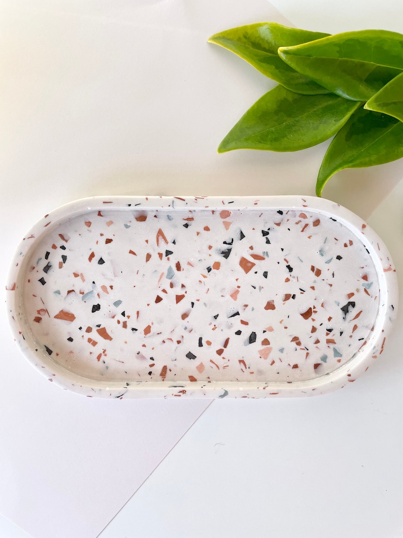 Terrazzo Oval Trinket Dish, Terrazzo Jewelry Dish, Terrazzo Oval Tray, Homemade Oval Tray, Bathroom Tray, Kitchen Tray, Decorative Tray image 2