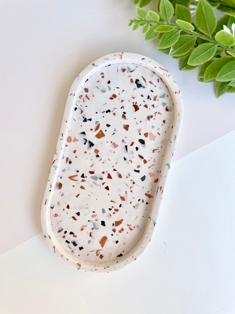 Terrazzo Oval Trinket Dish, Terrazzo Jewelry Dish, Terrazzo Oval Tray, Homemade Oval Tray, Bathroom Tray, Kitchen Tray, Decorative Tray image 3