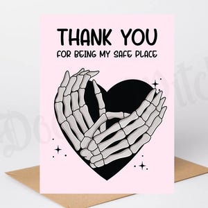 Tarjeta de agradecimiento, regalo de lugar seguro, tarjeta de mano de esqueleto, tarjeta de felicitación de agradecimiento, tarjeta espeluznante, tarjetas góticas, tarjetas emo, tarjeta espeluznante de San Valentín