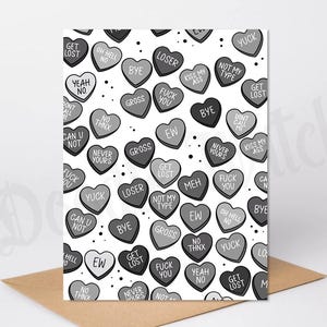 Tarjeta anti-San Valentín, tarjeta de despedida, tarjeta anti-relaciones amorosas, tarjeta de ruptura, tarjeta de desamor, tarjeta de corazones conversacionales