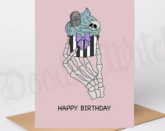 Tarjeta de cumpleaños de esqueleto, tarjeta de cupcake, tarjetas espeluznantes, cumpleaños gótico, tarjeta de felicitación en blanco, tarjeta de felicitación de esqueletos, regalo hecho a mano