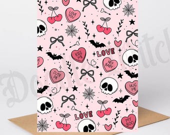 Tarjeta de San Valentín con corazones, tarjeta de calavera, tarjeta de aniversario gótica, feliz aniversario, tarjeta de cumpleaños en blanco, regalo hecho a mano.