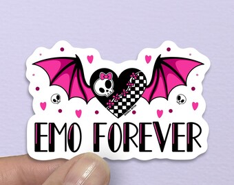 May include: A sticker with a black heart design, a skull with a pink bow, a checkered pattern, and pink bat wings. The text "EMO FOREVER" is below the heart. The sticker has a white border and is on a purple background.