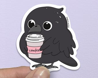 Naklejka Cawfee, Naklejka Raven Crow, Prezenty gotyckie, Naklejki z ptakami, Naklejki upiorne, Prezenty gotyckie, Naklejka miłośnika kawy