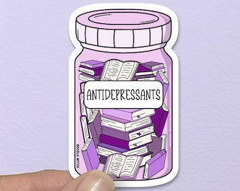Antidepressiva böcker i en flaska-klistermärke, Booktok, Kindle, glansigt stansat