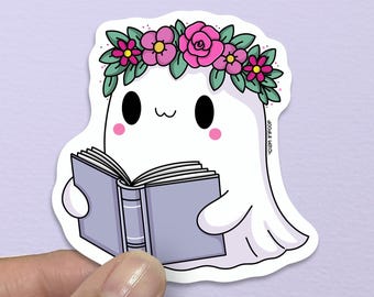 Blumengeist Lesezeichen, Ghot Aufkleber, gruseliger Buchclub, Geist mit Blumenkrone, Lesergeschenk, gruselige Kindle Aufkleber, gruselige Babe Aufkleber