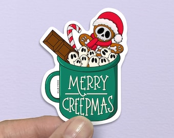 Hot Cocoa Sticker, Skeleton Sticker, Hot Drink Sticker, Ghost Sticker, Spooky Holiday Sticker, Goth Christmas. Merry Creepmas Sticker