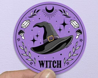 Heksen sticker, heksenhoed sticker, paarse heks sticker, heks stickers voor waterflessen, heks sticker voor laptop, heks planner sticker