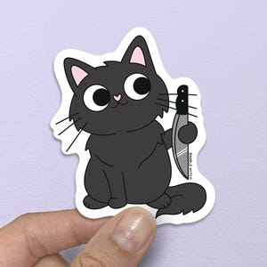 Katze mit Messer Aufkleber, Katzenliebhaber Aufkleber, böse Katze Aufkleber, Verdächtige Autoaufkleber, True Crime Auto Geschenke, Halloween Aufkleber
