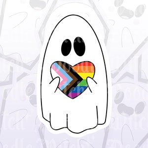 K&ouml;nnte beinhalten: Ein wei&szlig;er Geisteraufkleber mit schwarzen Augen und einem Regenbogenherz. Das Herz zeigt die Farben der LGBTQ+-Pride-Flagge. Der Geist h&auml;lt das Herz mit seinen H&auml;nden.