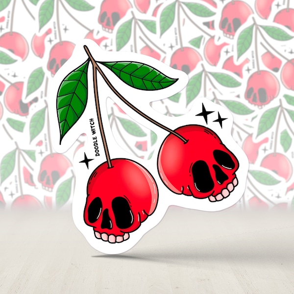 Cherry Skull Sticker, Cherries Sticker, Skull Sticker, Spooky Sticker, Cherry Decal, Skull Sticker, Emo Stickers, Cherries Stickers