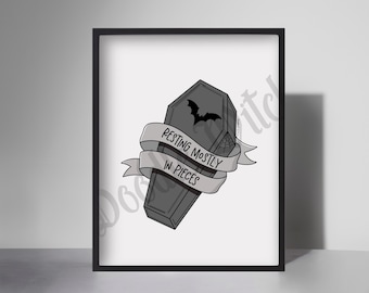Impresión "Descansando en pedazos", decoración de pared gótica, impresiones espeluznantes, pósteres góticos, decoración de dormitorio gótico, arte de casa embrujada, arte de pared emo