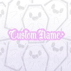 May include: A light purple sticker with the text "Custom Name" in a decorative font. The sticker is overlaid on a background of smiling cartoon ghosts in coffin shapes. The ghosts have a cute, friendly design.