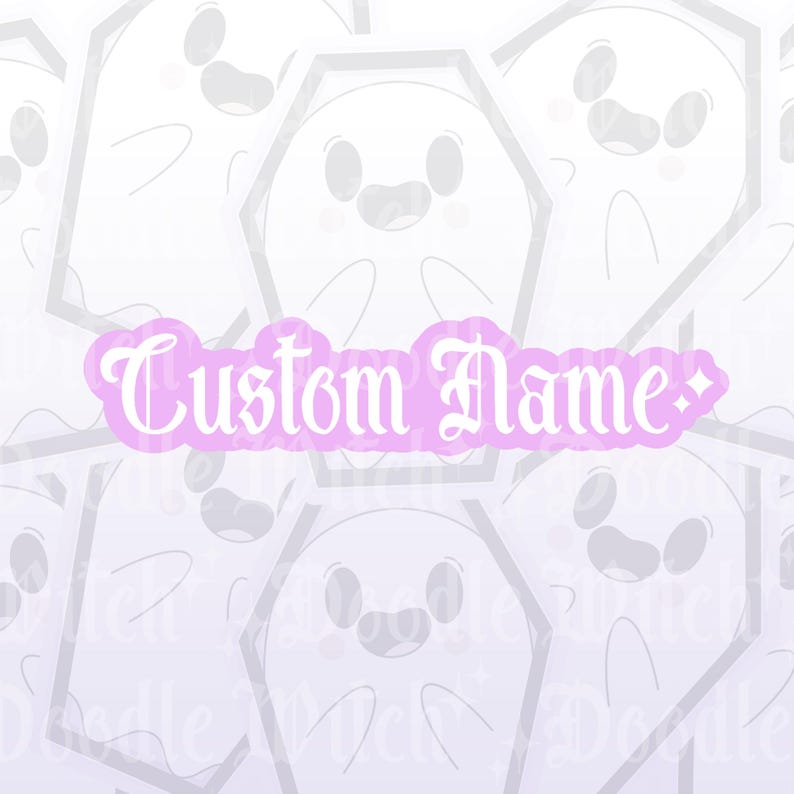 May include: A light purple sticker with the text "Custom Name" in a decorative font. The sticker is overlaid on a background of smiling cartoon ghosts in coffin shapes. The ghosts have a cute, friendly design.
