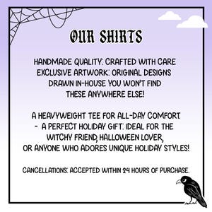 Op de afbeelding: Een afbeelding met de tekst "OUR SHIRTS" in een gestileerd lettertype. De tekst hieronder beschrijft de shirts als handgemaakt, met exclusieve kunstwerken en originele ontwerpen. Extra tekst vermeldt een zwaar T-shirt voor de hele dag comfort.