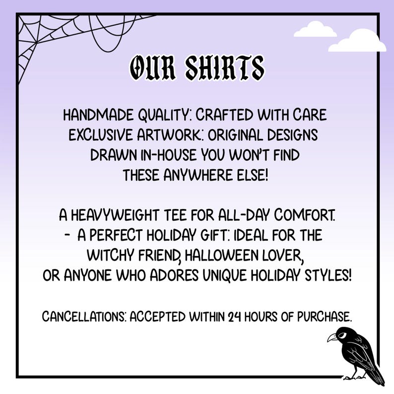 Op de afbeelding: Een afbeelding met de tekst "OUR SHIRTS" in een gestileerd lettertype. De tekst hieronder beschrijft de shirts als handgemaakt, met exclusieve kunstwerken en originele ontwerpen. Extra tekst vermeldt een zwaar T-shirt voor de hele dag comfort.