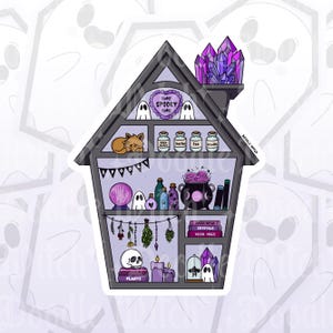 May include: A sticker depicting a witch's house with a purple roof and various magical items inside. The house contains a crystal ball, potion bottles, a cauldron, and books. The design includes ghosts and the text "Home Spooky Home."