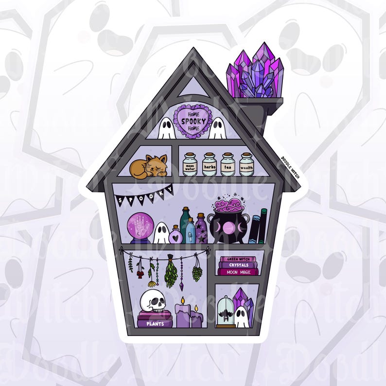 May include: A sticker depicting a witch's house with a purple roof and various magical items inside. The house contains a crystal ball, potion bottles, a cauldron, and books. The design includes ghosts and the text "Home Spooky Home."